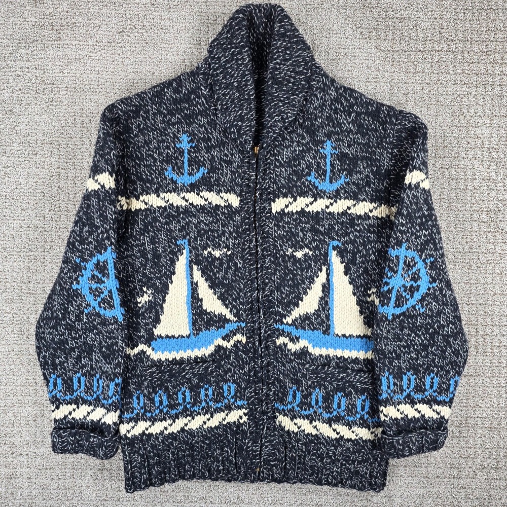 Vintage 60s Nautical Sailing Anchor Cowichan Sweater Wool Talon Rare Hand Made